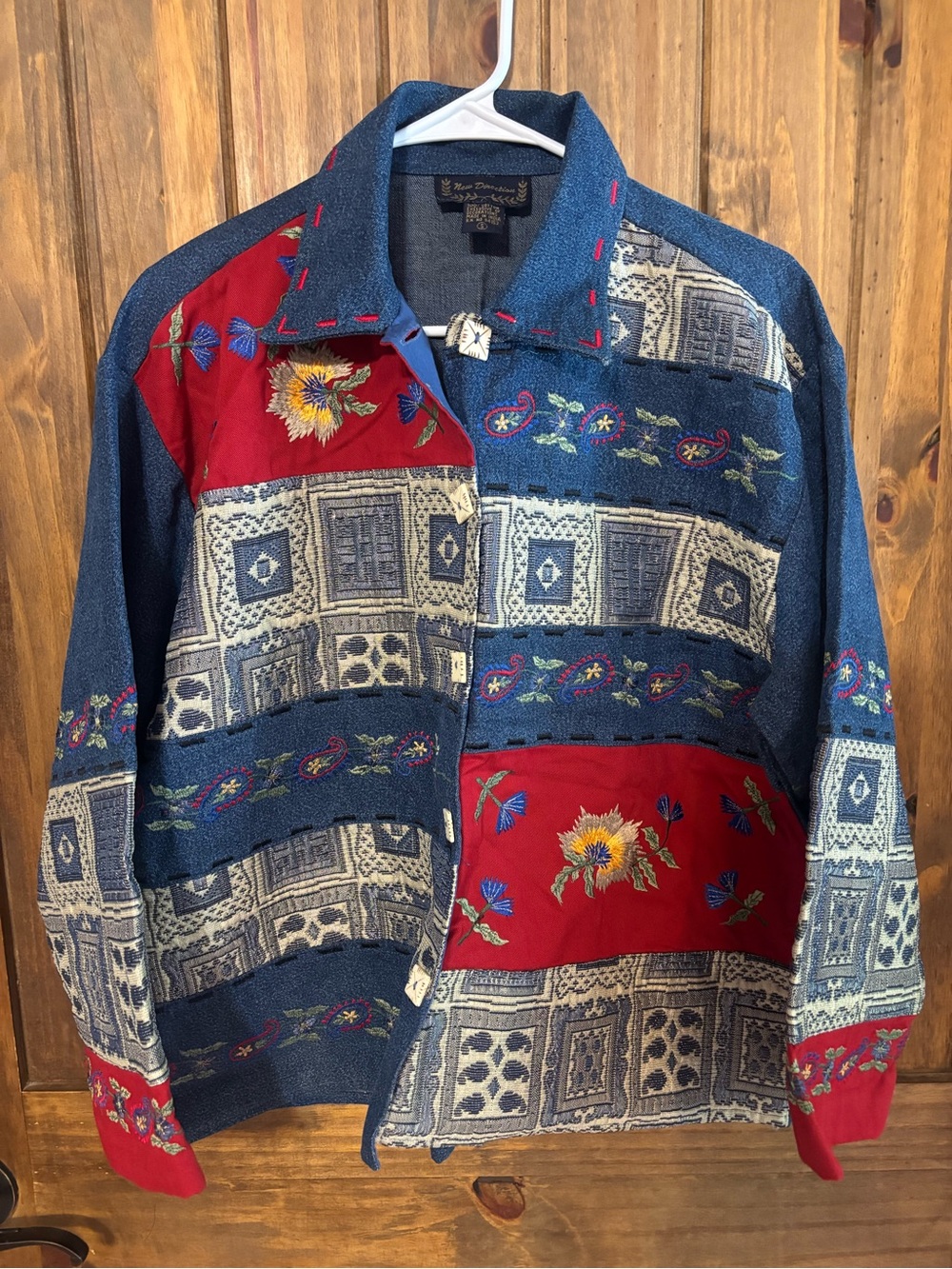 Vintage 90s 100% Cotton Patchwork Tapestry Denim Jacket Floral Art To Wear S